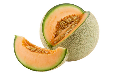 Halved cantaloupe melon with slice isolated on transparent background
