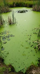 A stagnant pond choked with green algae and lily pads. Tall reeds and grasses surround the murky water
