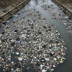 A stagnant waterway overwhelmed by various types of trash, tires, plastic and debris, pollution