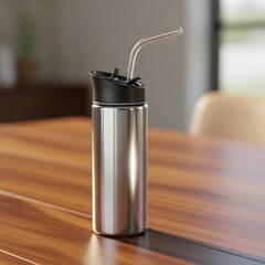 A stainless steel cylindrical container sits on a polished wooden table, a black lid and clear straw protrude. A blurred backdrop