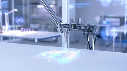 Futuristic robotic arm interacting with holographic augmented reality interface in modern laboratory - Powered by Adobe