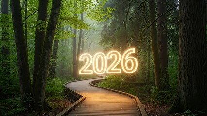 Glowing neon year 2026 illuminated on a winding wooden boardwalk path through a lush green misty forest