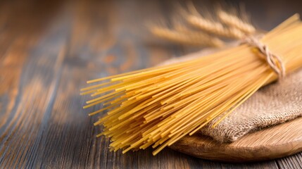Long strands of pasta on wooden surface with wheat