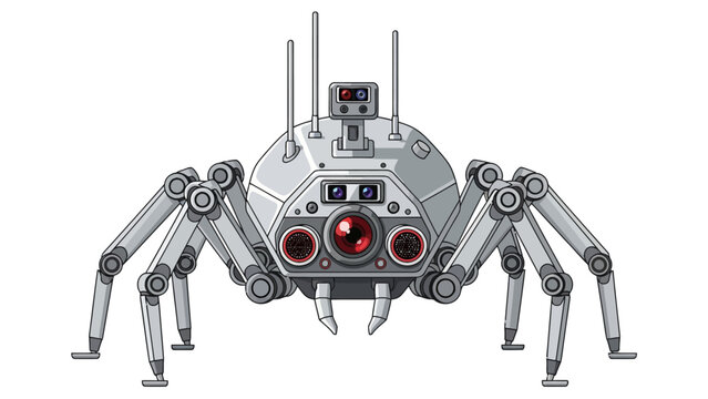 Gray eightlegged robotic spider with multiple lenses and antennas