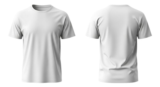 Front and back view of a plain white tshirt mockup isolated on white background, showcasing its design and texture