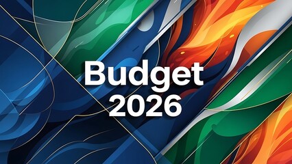 Budget 2026 text overlay on abstract flowing colorful background with blue green orange and gold lines