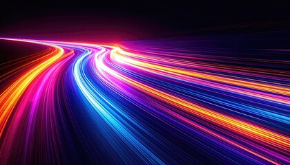 Abstract representation of flowing light trails in neon colors curving into the darkness