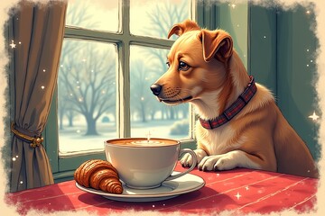 Christmas illustration. Cute dog. Morning cup of coffee and croissant.