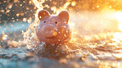 Piggy bank splashes in water as sunlight shines brightly on a summer day