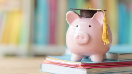 Piggy bank wearing a graduation cap on books in a study setting