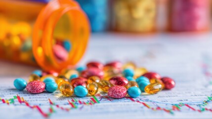 Colorful pills and medicine bottle on financial chart background