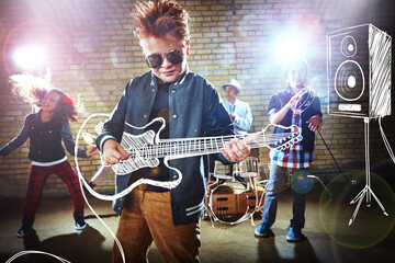 Obraz premium Rockstar, performance and children in school with instruments, musician drawing and bonding in band. Overlay, flare and kids at academy with equipment, playing song and connection in concert.