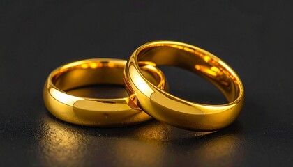 Two polished gold wedding bands with smooth edges overlapping on a dark reflective surface.