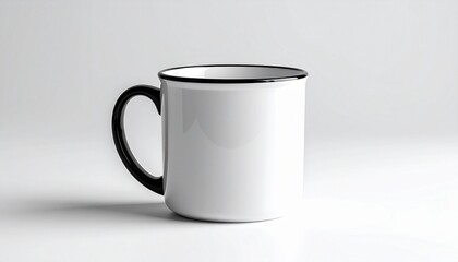 Fototapeta premium A white ceramic coffee mug with black handle and inner rim, placed on a flat surface against a plain background.