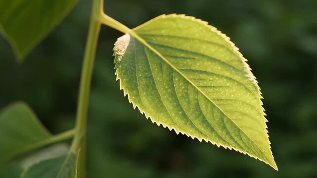 Close-up of a vibrant green leaf with glowing serrated edges swaying gently in natural soft rim light