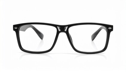 Fototapeta premium A pair of black rectangular eyeglasses with clear lenses and glossy finish, angled to show bridge and temples.