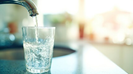 Water pouring from tap into a clear glass on kitchen counter during daytime
