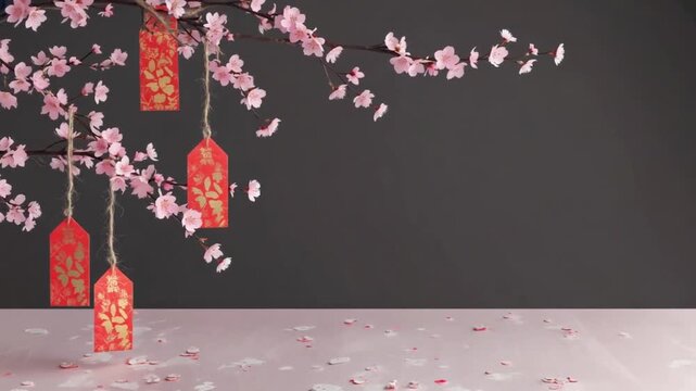 Red envelopes in a cherry tree. Chinese New Year.