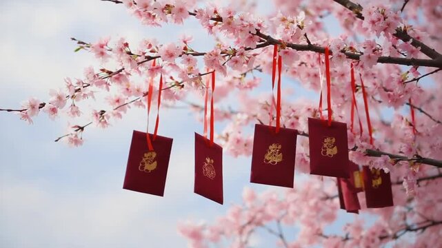 Red envelopes in a cherry tree. Chinese New Year.