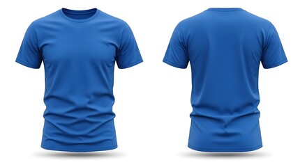 Front and back view of a plain blue tshirt isolated on white background, highlighting its vibrant color and fit