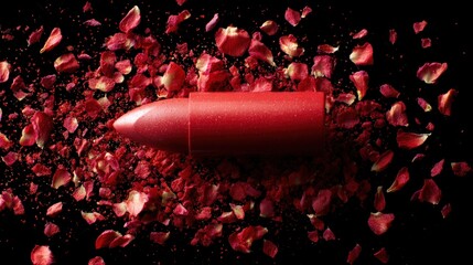 Red lipstick sits on scattered rose petals for an elegant display