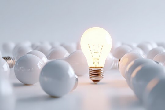 3D illustrated light bulb breaking away from a crowd of bulbs on a white backdrop, representing creativity and originality