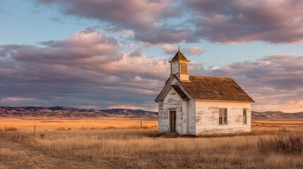 Abandoned chapel under an expansive prairie sky with sunlit clouds and distant hills