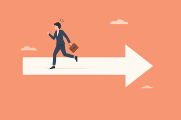 Obraz premium wrong direction lead to mistake, mislead or false to get lost concept, leadership decision to be difference or opposite, Confused businesswoman running in wrong opposite direction of trend arrow