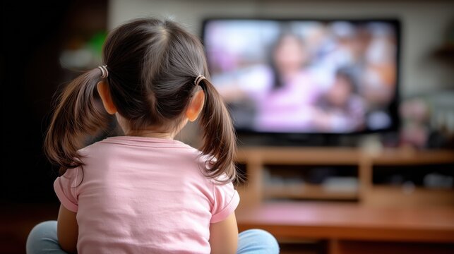 Young girl sitting in front of a TV at home, highlighting concerns about children spending too much screen time and the impact of modern technology on child development