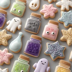 Pastel Halloween Cookies Flatlay with Decorative Ghosts, Potion Bottles and Spiderweb Icing in Soft Candy Colors