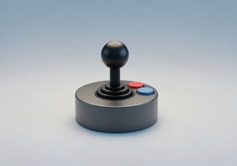 Classic arcade joystick controller with red and blue buttons on a light gray surface