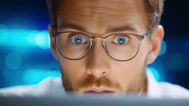 A young man wearing glasses leans closer to the bright monitor, revealing the growing tension in his focused gaze. Anxious, frightened businessman man at a laptop. Crisis in the online sales business.