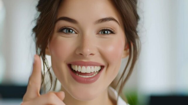 A young woman indoors changes her facial expression from neutral curiosity to amused surprise, leaning forward slightly and looking directly into the camera.