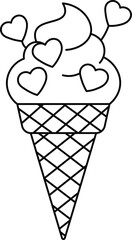 Black outline ice cream cone with heart shapes on white background hearts black and white