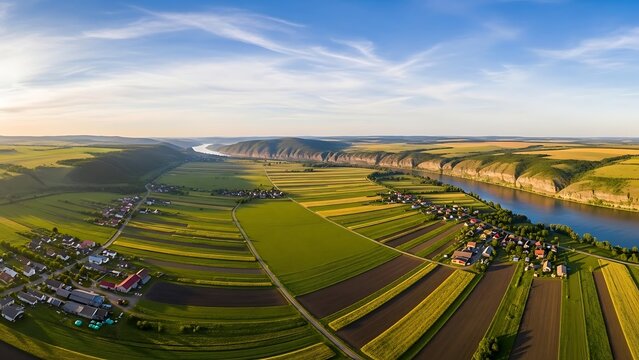 Panoramic aerial view of river valley fields - Powered by Adobe