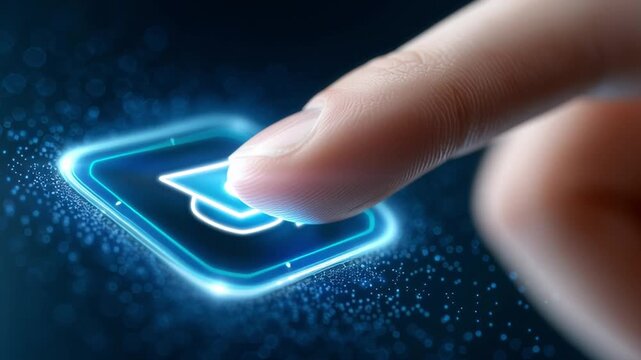 Finger moves closer and taps a luminous digital graduation button, causing the glowing symbol to intensify as part of a clean modern interface representing online learning and educational technology