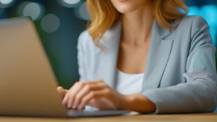 A woman in a blue jacket is typing on a laptop, her hands are typing on the keyboard, demonstrating a steady and focused workflow in a modern, neat office setting.
