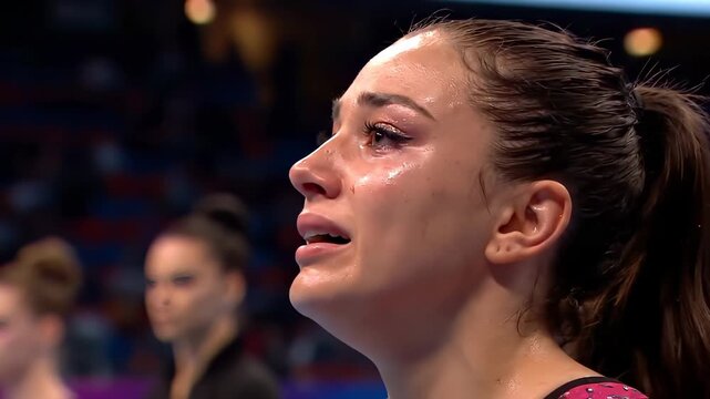 Crying gymnast shows raw emotion. Woman athlete wipes tear after routine. Competition tension fills arena. Teammate looks on with concern. Close up captures emotion and resilience showing strength.