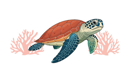 Naklejka premium Illustration of a sea turtle with reddish shell near pink coral branches on white background
