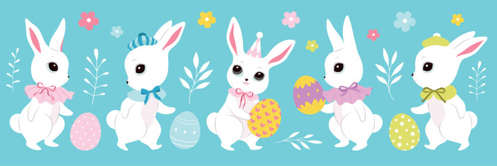 Cute Easter white bunnies, color clothes, cutie bows, pattern eggs. Spring collection. Sticker design. Set of Easter themed images including easter eggs, pretty rabbits. Happy Easter. Greeting cards