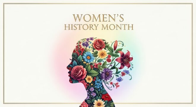Womens history month celebration with silhouette of a womans head filled with colorful flowers - Powered by Adobe