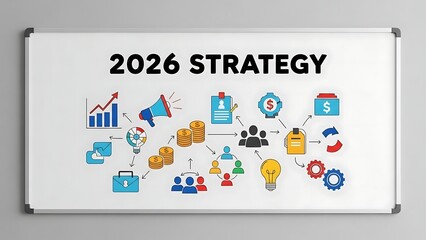 2026 strategy diagram with icons for growth finance teamwork and ideas on a whiteboard business