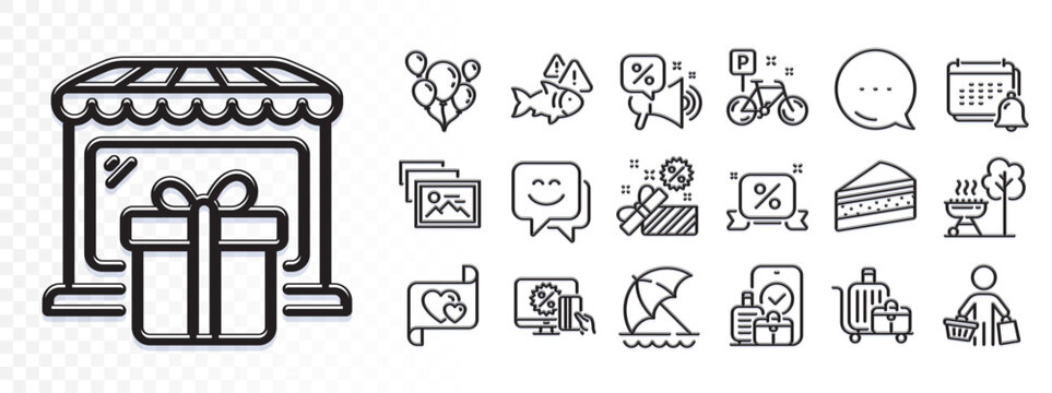 Smile face, Carry-on baggage and Discounts ribbon line icons for web app. Glare of light effect. Message icon. Pack of Bike, Love letter, Baggage cart pictogram icons. Vector