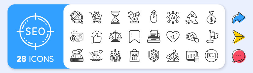 Holidays shopping, Justice scales and Money bag line icons. Interest rate, AI generate, Inflation icons. Pack of Typewriter, Hold heart, Dice icon. Vector