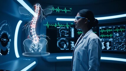 Examining holographic spine in laboratory. Doctor with visor interacts with medical hologram. Monitor displays vital trace and anatomy scan. Researcher uses technology for healthcare. Diagnostic data. - Powered by Adobe