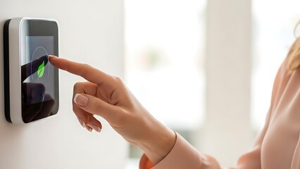 Woman's hand adjusting smart thermostat for energy-efficient home climate control