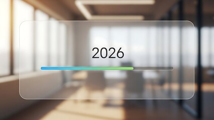 Transparent digital interface displaying the year 2026 with a blue and green progress bar in a blurred office setting