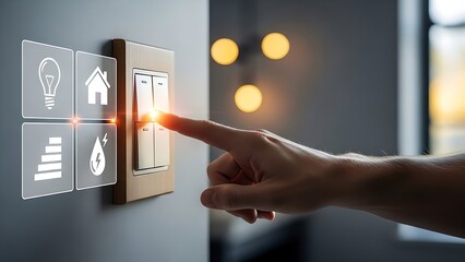 Smart home concept: finger pressing a light switch with glowing icons