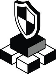 Black and white shield icon on isometric blocks with gray accent security protection