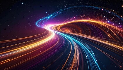 Digital art featuring vibrant streaks of light curving across a starry night sky
